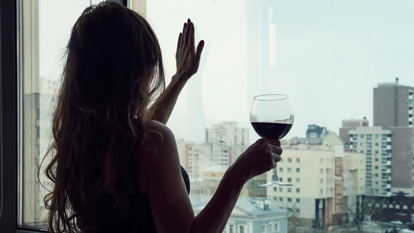 Lonely young woman at home drinking alcohol. Female alcoholism. single luxury beautiful woman in black dress with wine standing near window looking aside. adult alcohol attractive beautiful caucasian dress drink female girl glass lifestyle people person p