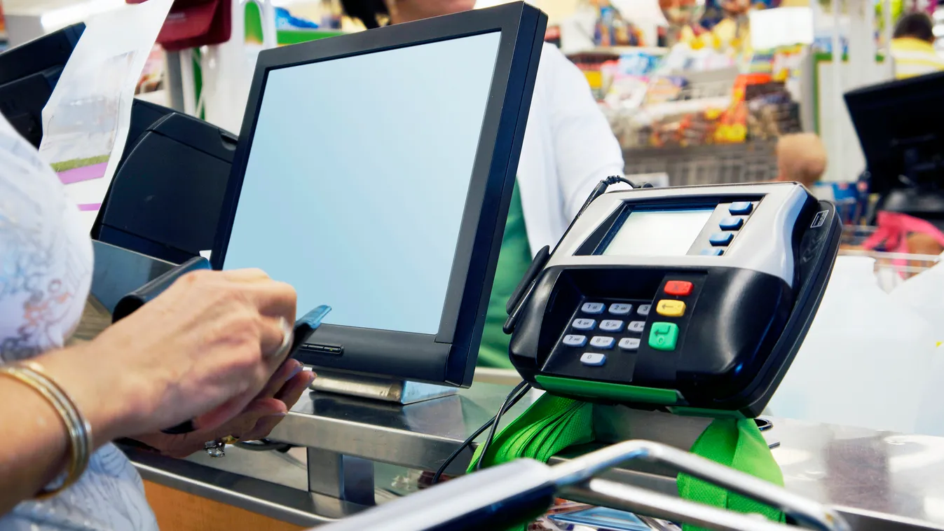 Supermarket paying "Convenience Store Business Buying Cash Register Cashier Checkout Counter Color Image Computer Monitor Concepts And Ideas Consumerism Consumerism" Conveyor Belt Credit Card Customer Food Greengrocer's Shop Home Finances Horizontal Payin