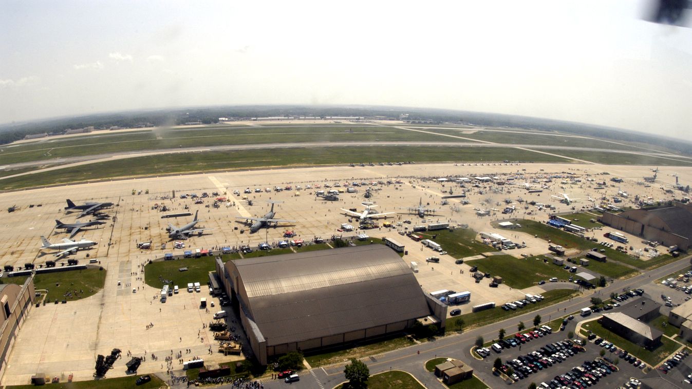040514-N-0295M-005
Andrews Air Force Base, Md. (May 14, 2004) – An aerial view of Andrews Air Force Base flight line during the first day of the 2004 Joint Service Open House. The Open House, held on May 14-16th, showcased civilian and military aircraft f