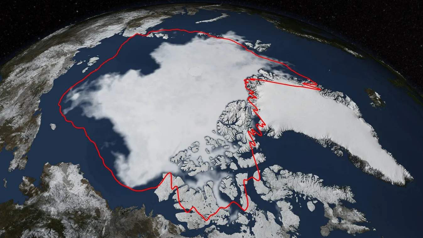 Arktisz, Északi-sarkvidék, jégminimum, sarki jég nyár végén. Adatok forrása: Japán Űrügynökség, GCOM-W1 műhold 