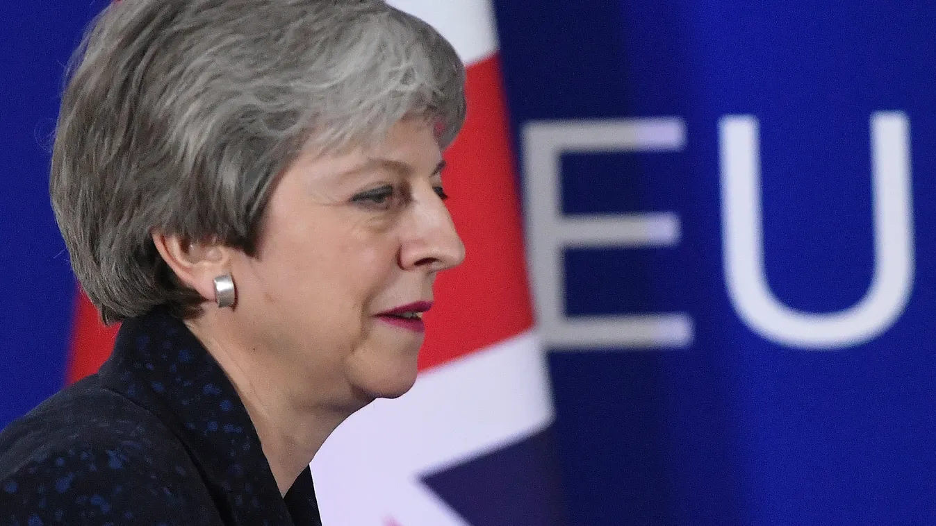 Horizontal PROFILE British Prime Minister Theresa May arrives to a press conference on March 22, 2019, on the first day of an EU summit focused on Brexit, in Brussels. - European Union leaders meet in Brussels on March 21 and 22, for the last EU summit be