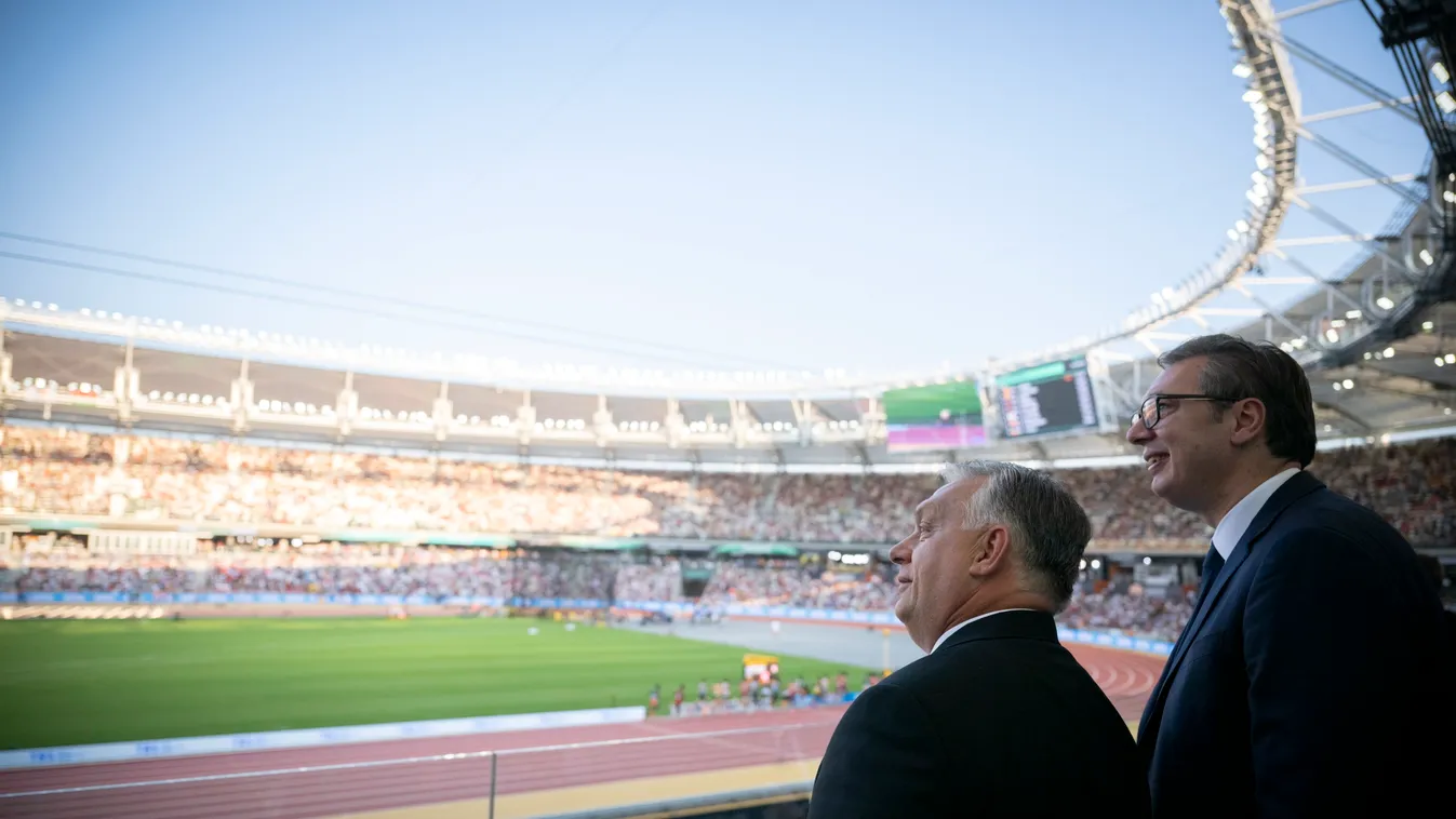 ORBÁN Viktor; VUCIC, Aleksandar, Nemzeti Atlétikai Központban, ahol fogadta a nemzeti ünnepünk, illetve az atlétikai világbajnokság alkalmából Budapestre érkezett magas rangú külföldi vendégeket, 2023. 08. 20. 