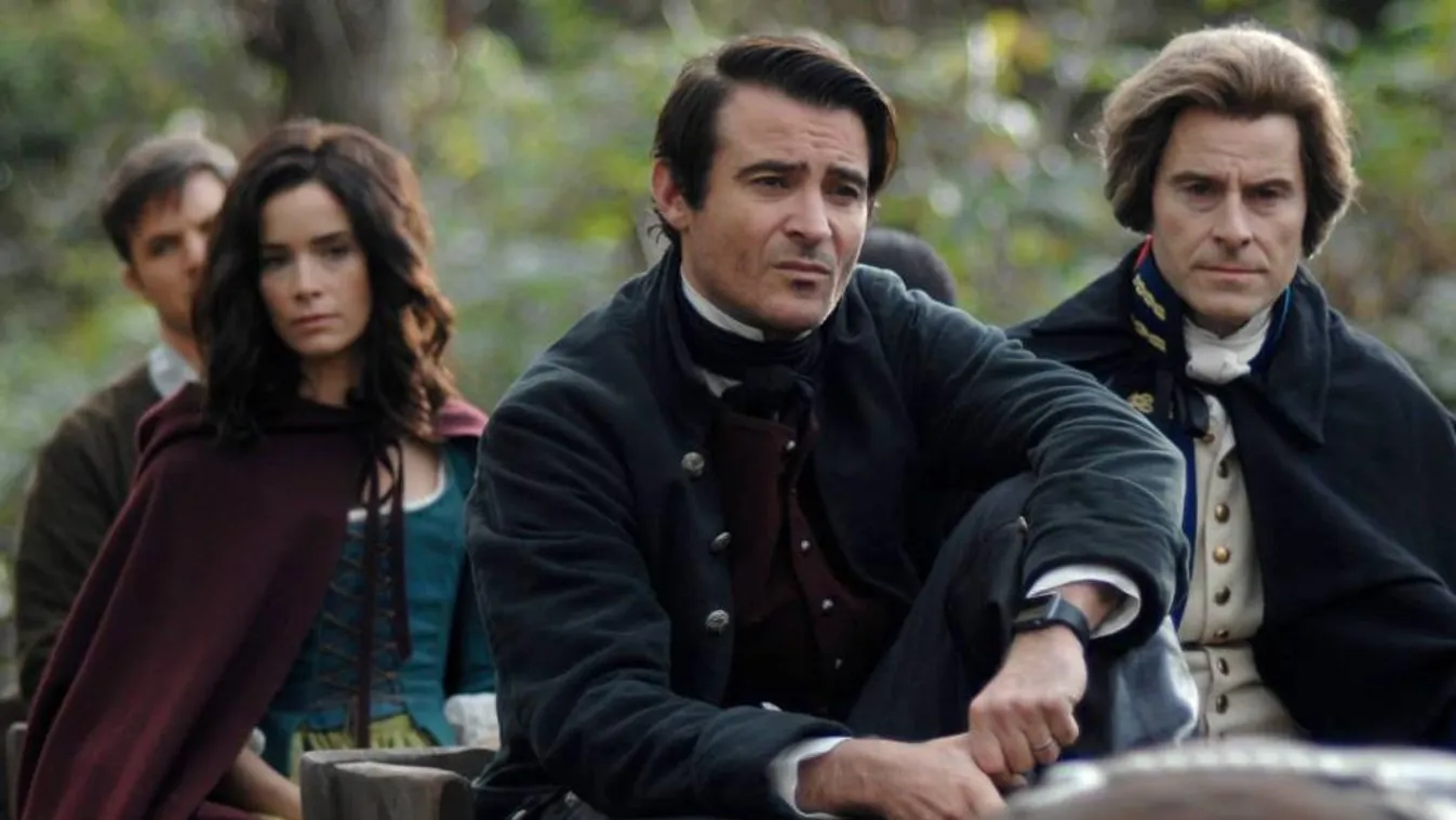 TIMELESS -- "The Capture of Benedict Arnold" Episode 109 -- Pictured: (l-r) Abigail Spencer as Lucy Preston, Goran Visnjic as Garcia Flynn, Damian O'Hare as George Washington -- (Photo by: Sergei Bachlakov/NBC) 