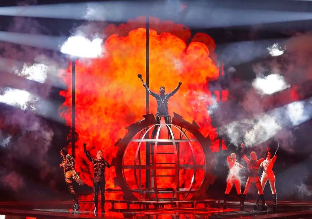 Iceland's Hatari perform the song "Hatrid mun sigra" during the Grand Final of the 64th edition of the Eurovision Song Contest 2019 at Expo Tel Aviv on May 18, 2019, in the Israeli coastal city. (Photo by Jack GUEZ / AFP) 
