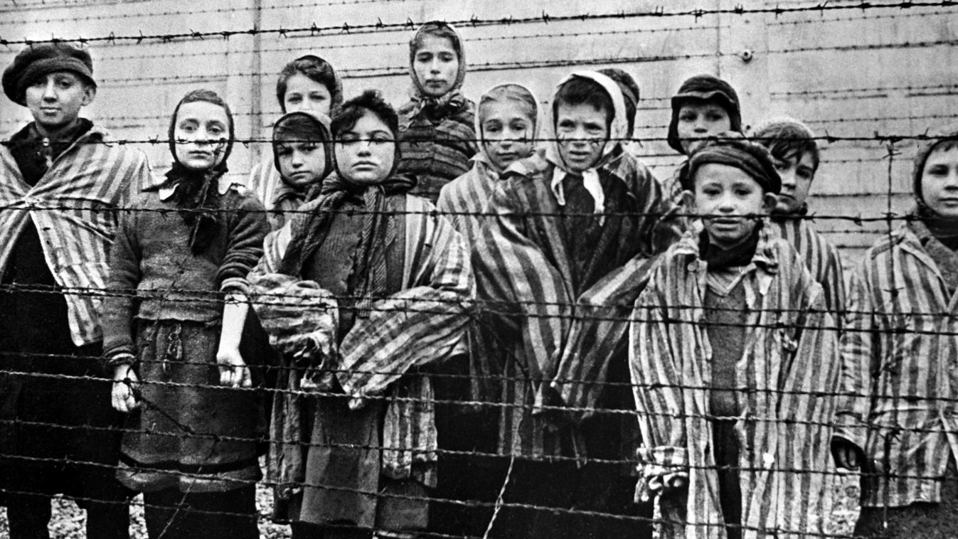 Children in Auschwitz concentration camp women girls wire Great boys war striped Patriotic robes GPW HORIZONTAL 