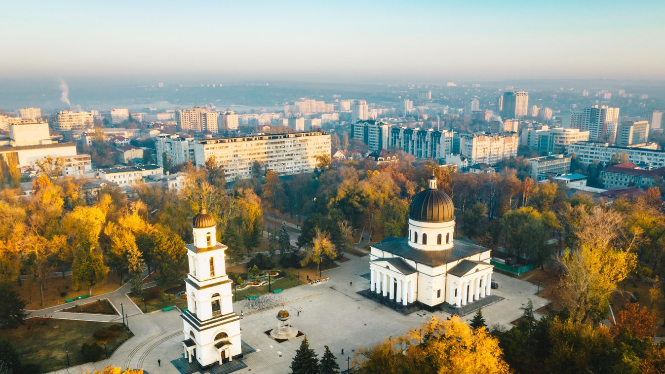 Above,Chisinau,At,Sunset.,Chisinau,Is,The,Capital,City,Of sunrise,flag,city,republic,church,destination,moldavia,tourism,a 