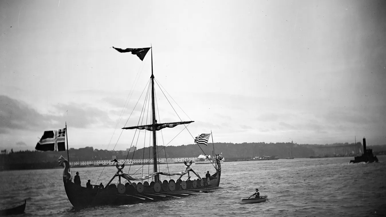 Photograph of a reconstructed Viking ship sailing in the Copenhagen harbour Photograph Viking Ship Copenhagen Harbour Ship BOAT Maritime RECONSTRUCTION 1930s Thirties 20th century 