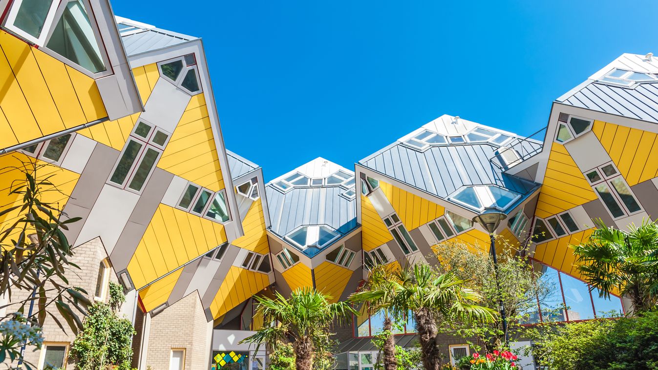 Szinte lebegő, kocka alakú házak váltak Rotterdam egyik legnépszerűbb látványosságává, Rotterdam, Hollandia, kockaházak, sárga ház, lebegő ház, építészet, modern, Piet Blom építész, Kubuswoningen 