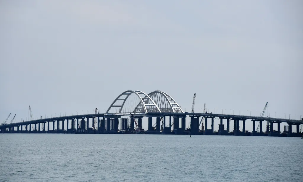 Crimean Bridge consecrated in Kerch bridge sea Kerch Strait landscape HORIZONTAL arch 