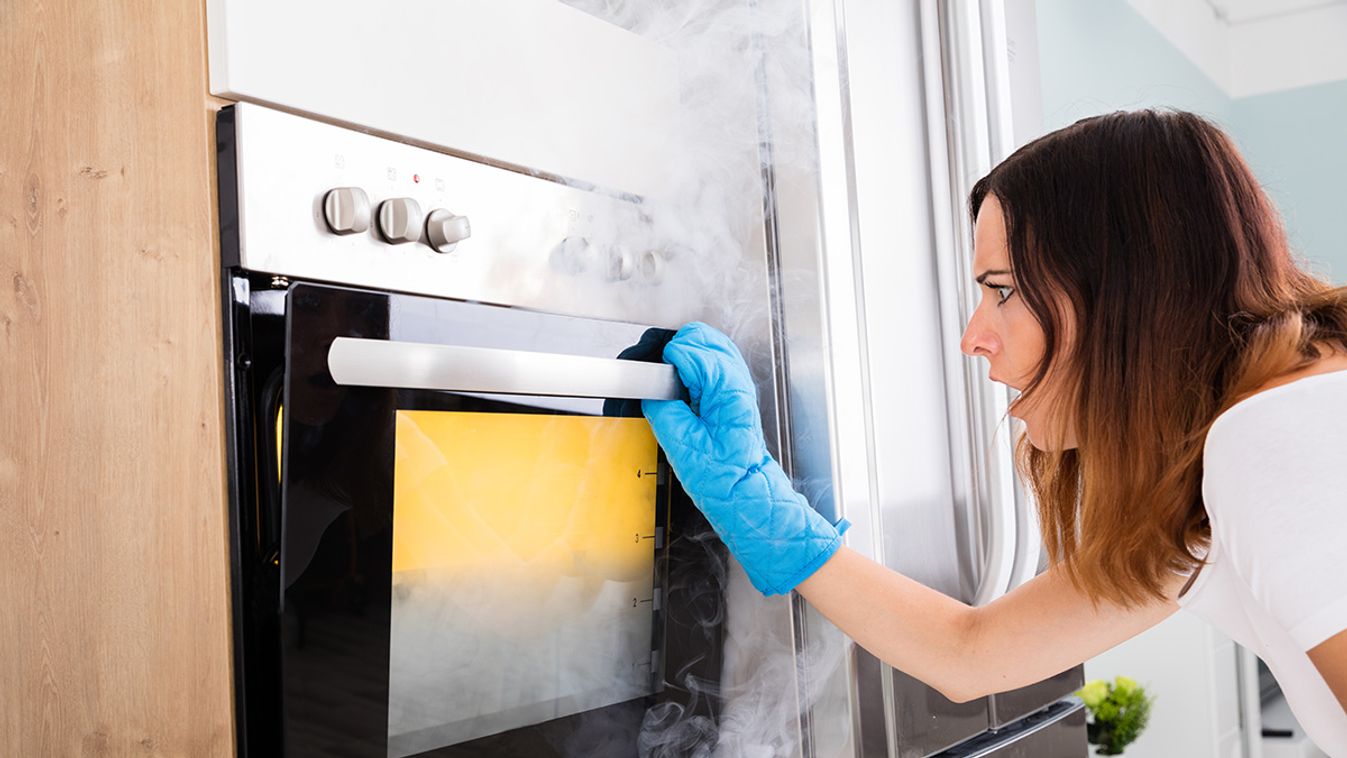 Shocked,Young,Woman,Looking,At,Smoke,Coming,Out,Of,Oven Shocked Young Woman Looking At Smoke Coming Out Of Oven In Kitchen 