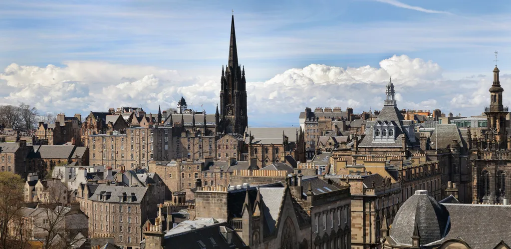 Rooftops of Edinburgh, Scotland ARCHITECTURE Britain British BUILDING capital city CHURCH CITY color image colour image day East Lothian Edinburgh exterior Great Britain heritage high angle view HISTORY HORIZONTAL Lothian outdoors outside rooftops Scotlan