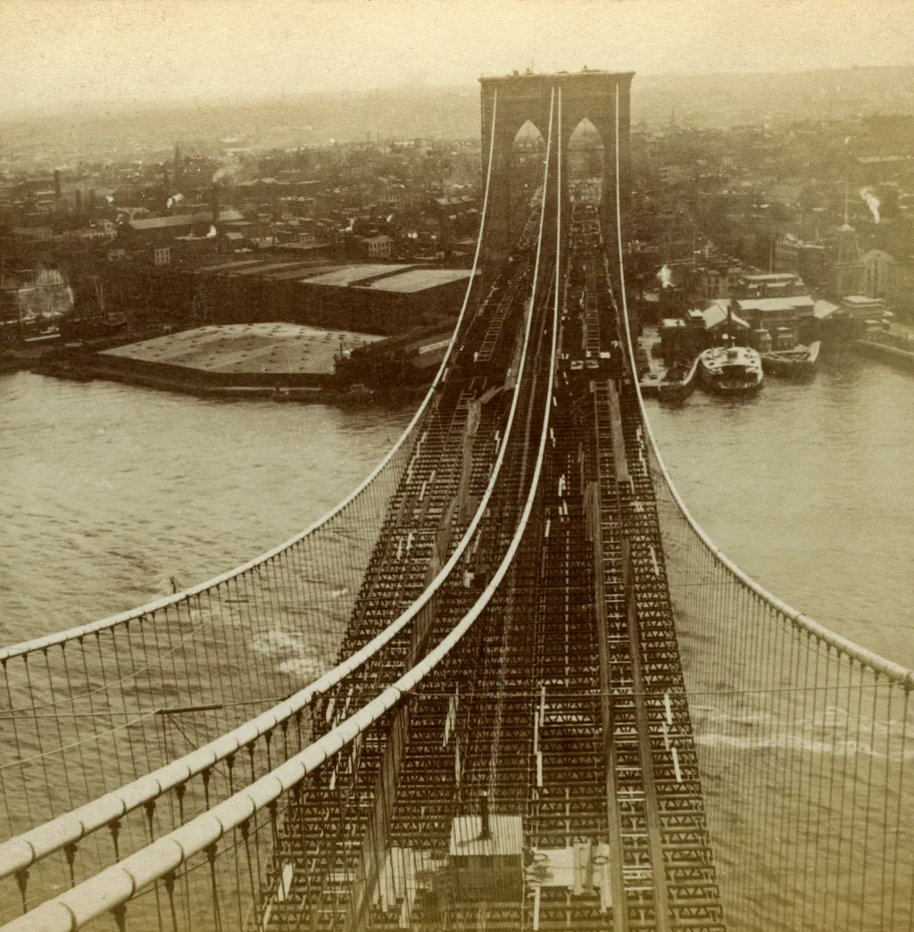 Brooklyn híd, 140, Brooklyn from one of the towers of the Suspension Bridge, New York, USA.Artist: Kilburn Brothers city water building buildings architecture cable New York New 