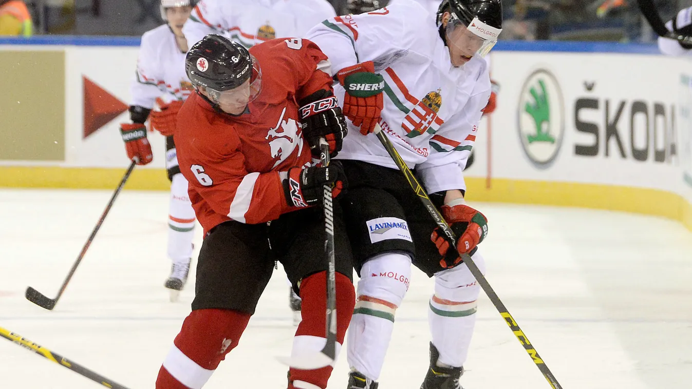 Galló Vilmos (j) és a litván Arturas Katulis (b) a jégkorong olimpiai selejtező torna első fordulójában játszott Magyarország-Litvánia mérkőzésen a Papp László Sportarénában 2016. február 11-én. 