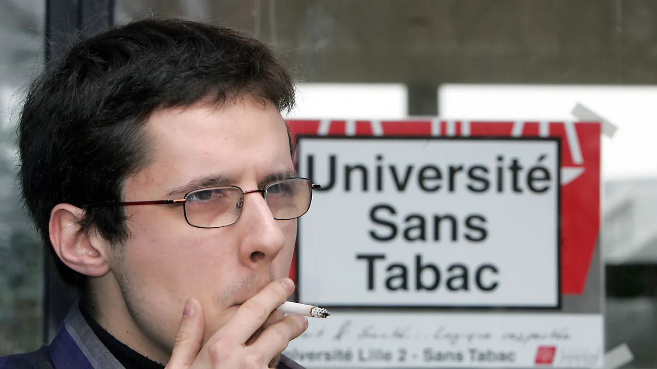 FRANCE-HEALTH-TOBACCO Horizontal MEDICINE AND HEALTH TOBACCO ILLUSTRATION SMOKING CIGARETTE STREET UNIVERSITY EDUCATIONAL BUILDING STUDENT PLACARD 