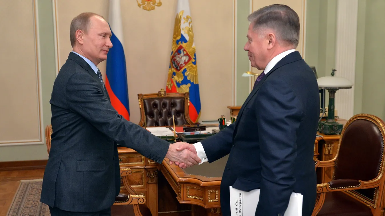 SQUARE FORMAT 2587001 Russia, Novo-Ogarevo. 03/13/2015 March 13, 2015. President Vladimir Putin (left) and President of the Supreme Court Vyacheslav Lebedev during a meeting in the Novo-Ogaryovo residence. Alexei Druzhinin/RIA Novosti 