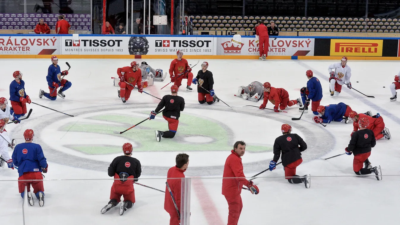 2017 IIHF World Championship. Russian hockey teams holds training session ice arena landscape warmup venue HORIZONTAL IIHF hockey player 