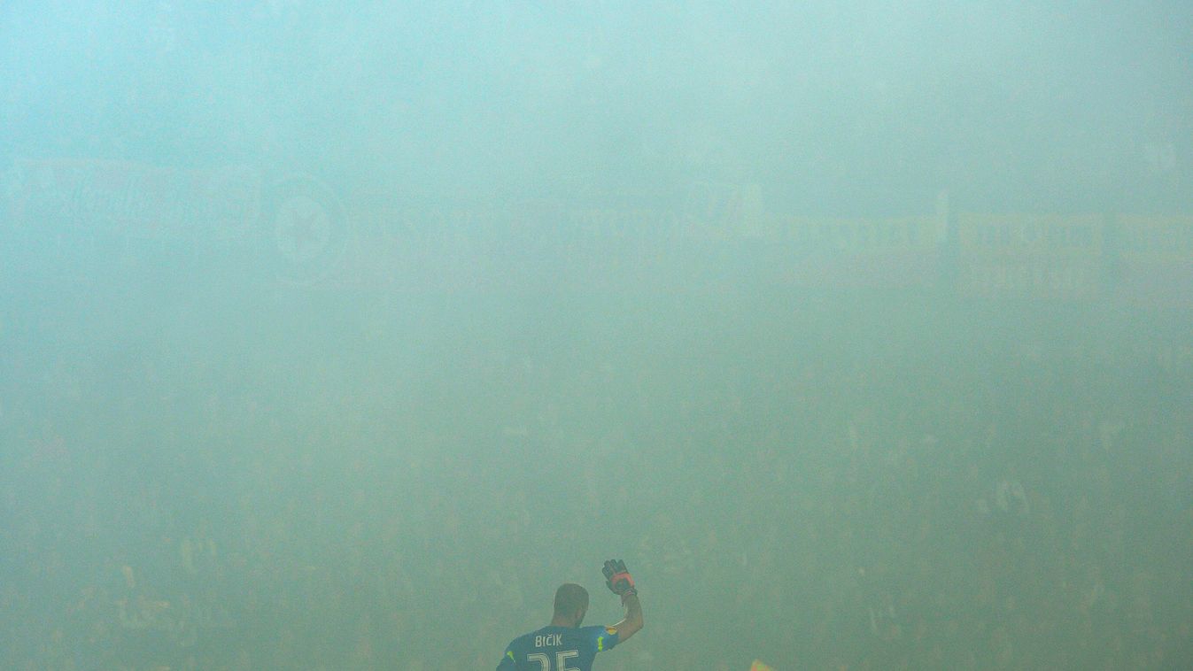 Prága, 2014. október 2.
David Bicik, a cseh Sparta Prague kapusa a füsttel borított pályán a labdarúgó Európa Liga csoportkörében, az I csoport második fordulójában a svájci Young Boys Bern ellen játszott mérkőzésen, Prágában 2014. október 2-án. (MTI/EPA/