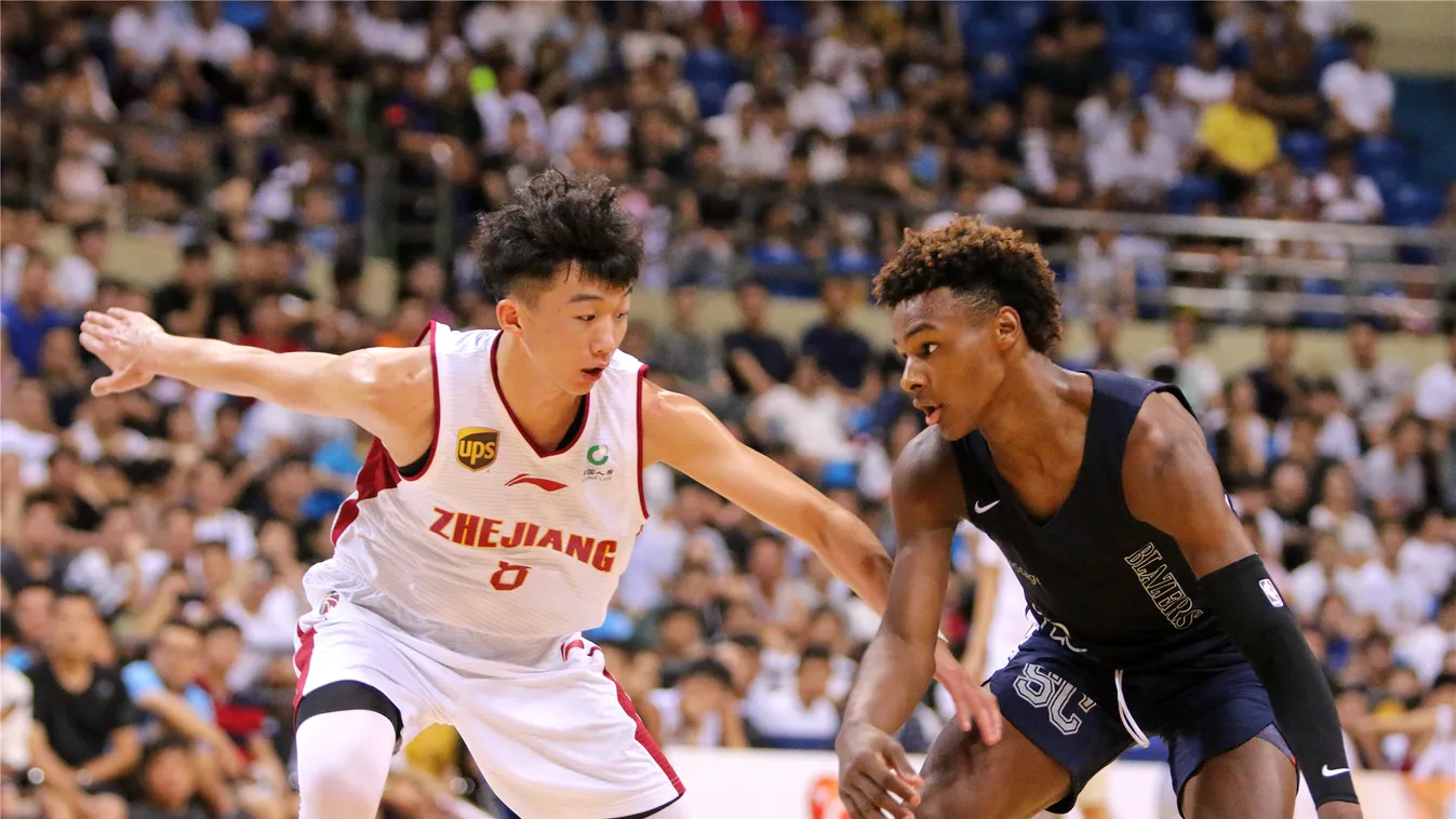 LeBron James Jr. and Zaire Wade participate into competition against Chinese young basketballer Basketball Bronny Canyon China Chinese Dwyane James Jr. LeBron Shaoxingg Sierra Wade Zaire Zhejiang 