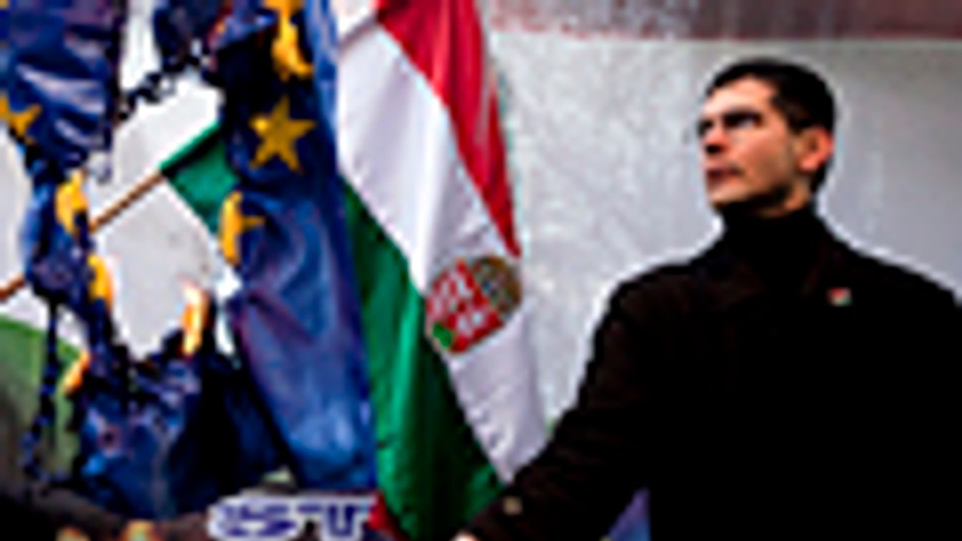 Jobbik, EU, uniós zászlót égettek a Jobbik rendezvényén, Novák Előd