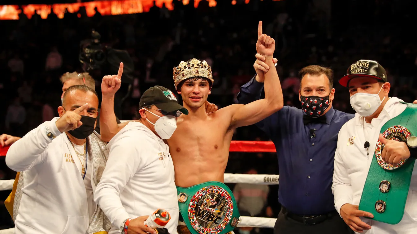 Ryan Garcia v Luke Campbell GettyImageRank2 People Boxing - Sport USA Texas Dallas - Texas Fighting Color Image Winning Photography Facial Expression Five People American Airlines Center Golden Boy Promotions WBC Interim Lightweight Title Gulf Coast State