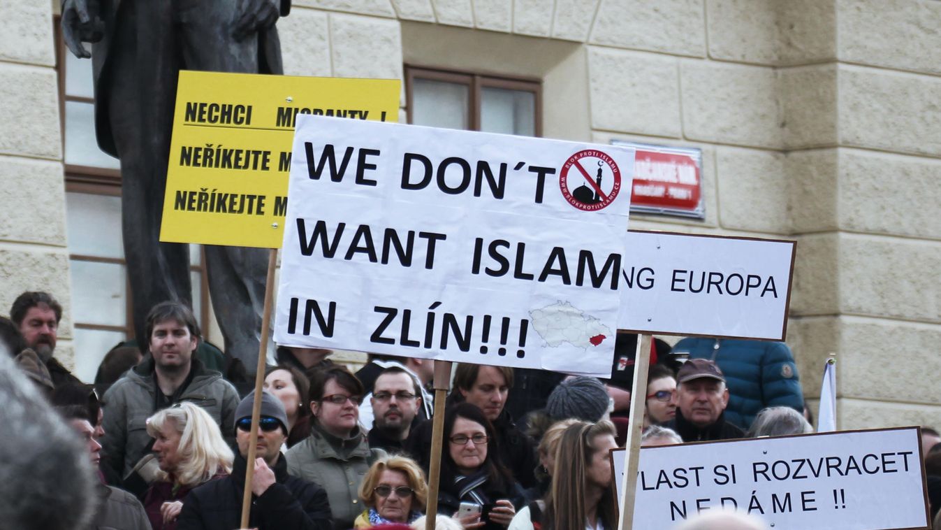 Rallies against "the Islamization of Europe" in European countries monument rally protest PEGIDA Patriotic Europeans Against the Islamization of the West Islamization vertilca Tomas Garrigue Masaryk we don't want Islam in Zlin SQUARE FORMAT 