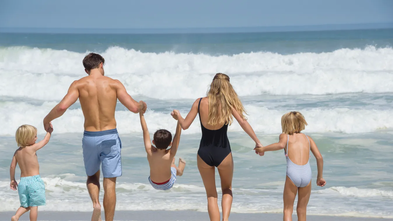 Rear view of a family walking on the beach Beach Family Togetherness Vacations Walking 20S 25-29 Years 30-34 Years 30S 4-5 Years 6-7 Years 8-9 Years Affectionate Bare Chest Bonding Boys Brother Caucasian Appearance Child Childhood Color Image Couple Daugh