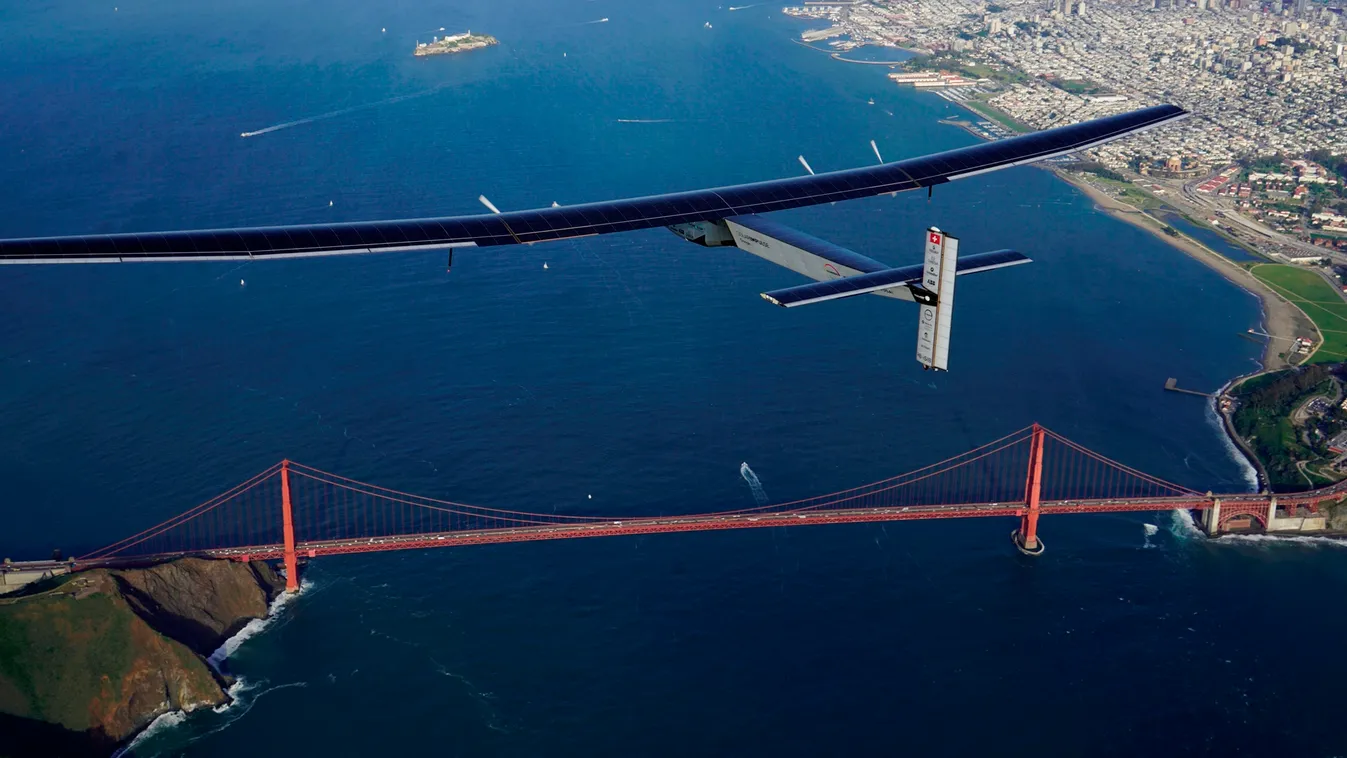 science Horizontal AIR TRAVEL SOLAR ENERGY "Solar Impulse 2", a solar powered plane piloted by Swiss adventurer Bertrand Piccard, flies over the Golden Gate Bridge in San Francisco on April 23, 2016, after a flight from Hawaii, where he took off on April 