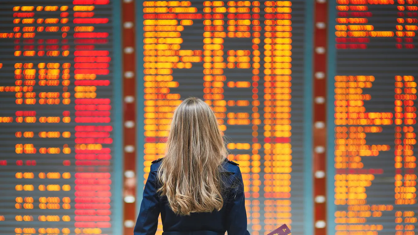 Young woman in international airport Luggage Travel People Traveling Businesswoman Girls Women Global Communications Arrival Departure Board Young Adult Adult Flying Commuter Caucasian Ethnicity Business Travel One Person Time Journey Elegance Travel Dest