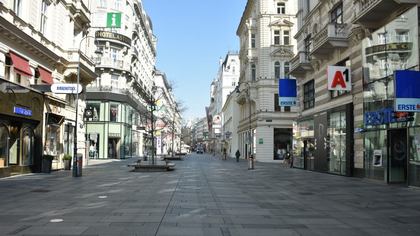 koronavírus
Bécs
üres utca
sétálóutca
bezárt üzletek 