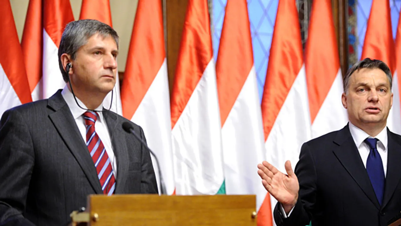 Orbán Viktor miniszterelnök és Michael Spindelegger osztrák alkancellár sajtótájékoztatót tartott a Parlament Gobelin-termében