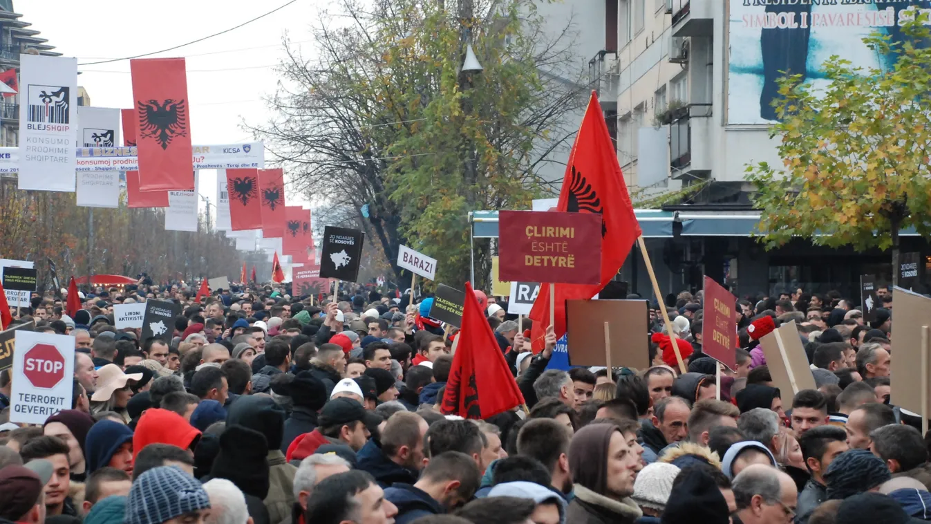 Anti-government protest in Kosovo Oppositions parties Anti government protest Zahir Pajaziti square Pristina Kosovo November 2015 Albania's national Independence Day celebrated SQUARE FORMAT 