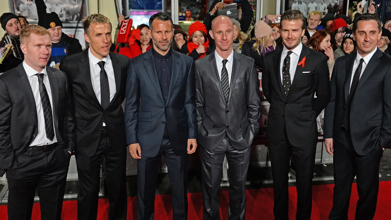 Paul Scholes, Phil Neville, Ryan Giggs, Nicky Butt, David Beckham és Gary Neville, London, 2013. december.