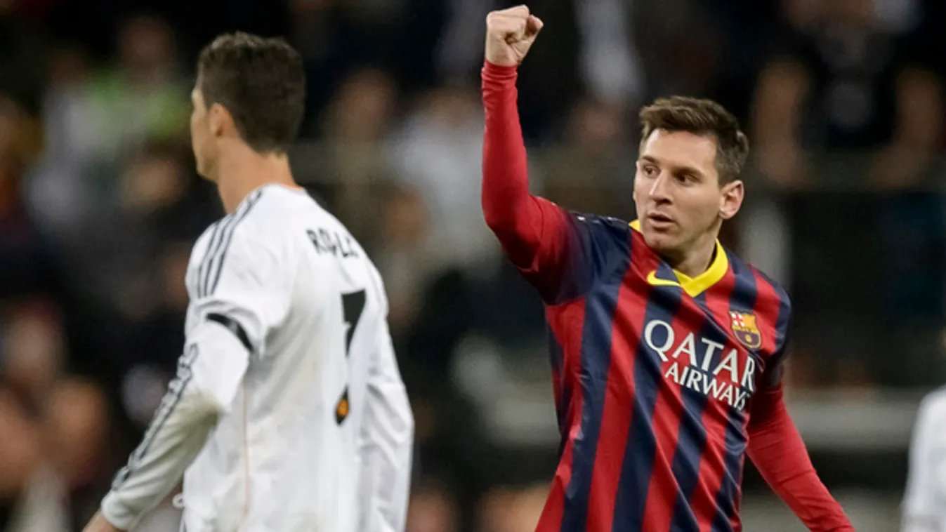 176738959 Barcelona's Argentinian forward Lionel Messi (R) celebrates after scoring during the Spanish league "Clasico" football match Real Madrid CF vs FC Barcelona at the Santiago Bernabeu stadium in Madrid on March 23, 2014.   AFP PHOTO / DANI POZO 