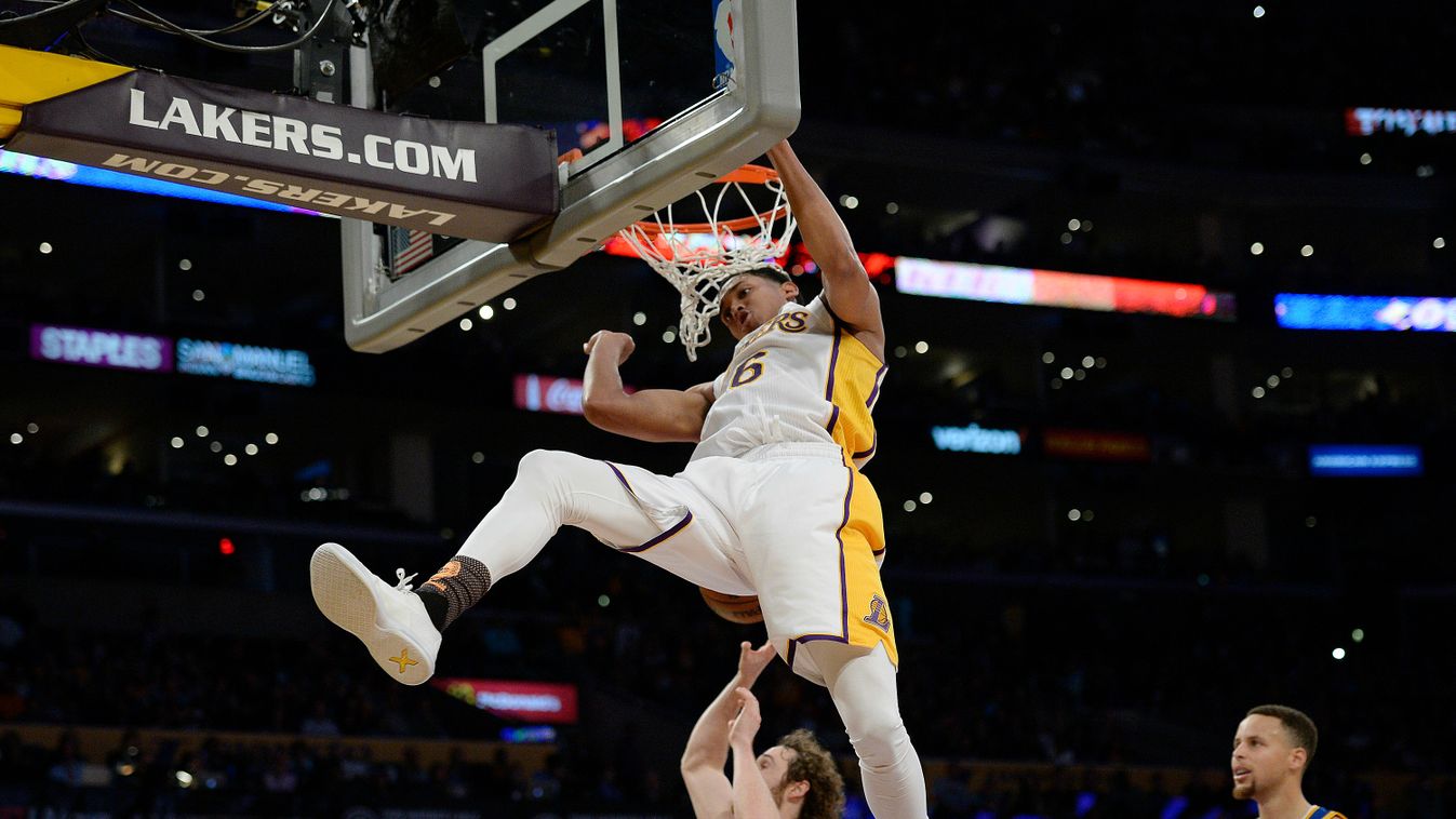 Jordan Clarkson #6 of the Los Angeles Lakers dunks against the Golden State Warriors during the second half of the basketball game at Staples Center March 6, 2016, in Los Angeles, 