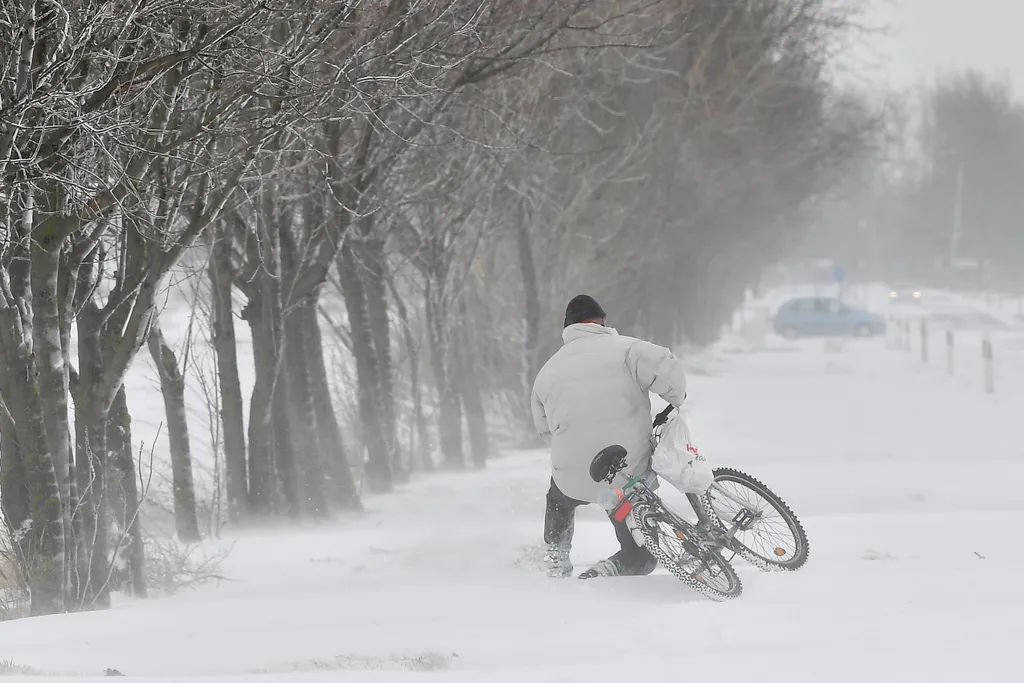 havazás Hajdúnánás, 2018. március 18.
Egy férfi tolja kerékpárját a hófúvásban a Hajdúnánás és Hajdúdorog közötti úton 2018. március 18-án.
MTI Fotó: Czeglédi Zsolt 