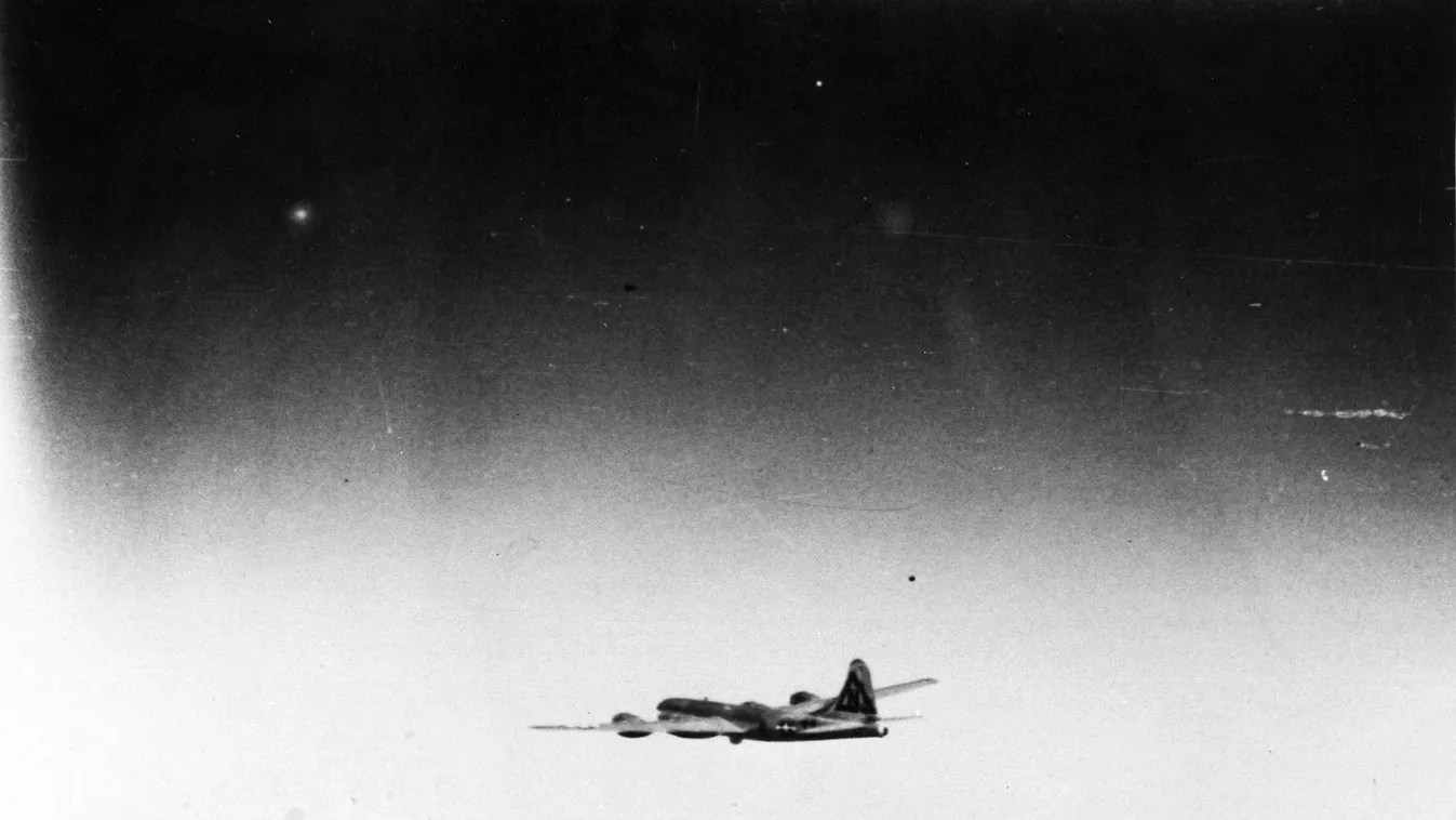 "Bockscar" en route to Japan with the atomic bomb on board. (U.S. Air Force photo) 