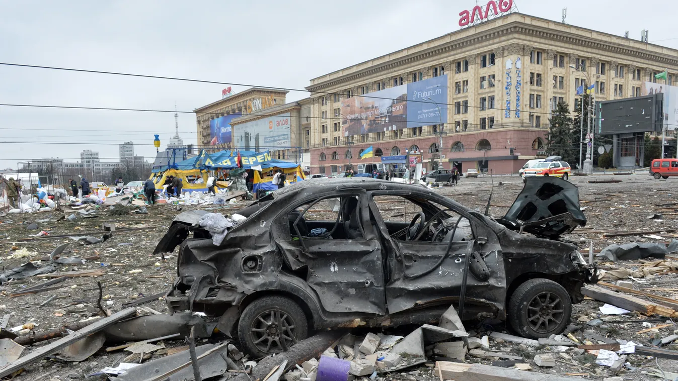 Ukrán válság 2022, ukrán, orosz, háború, Kharkiv, Harkiv, Ukrajna, rakétatámadás, robbanás, romok, város, utca 