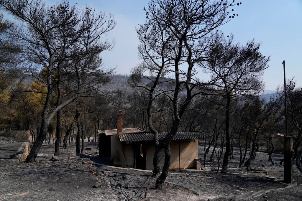 tűzoltó tomboló erdőtűz Görögország  ház és fák az Athéntól nyugatra fekvő Mandrában 2023. július 19-én. Az Európai Unió egyik polgári védelmi mechanizmusának keretében Franciaország és Olaszország két-két tűzoltó-repülőgépet és tűzo 