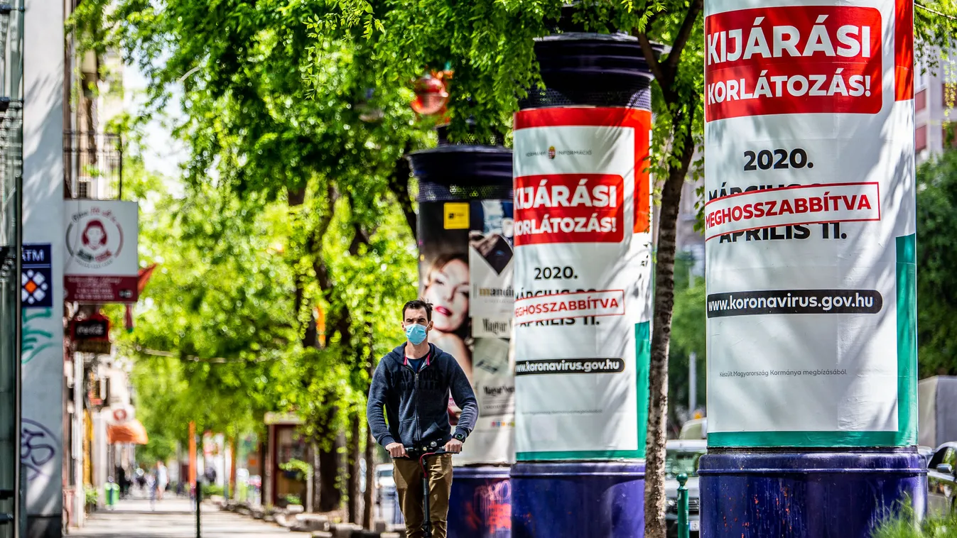 Koronavírus, vírus, maszk, arcmaszk, védőmaszk, Budapest, kijárási korlátozás, meghosszabbítva, felhívás, figyelmeztetés, plakát, közlekedés, roller 