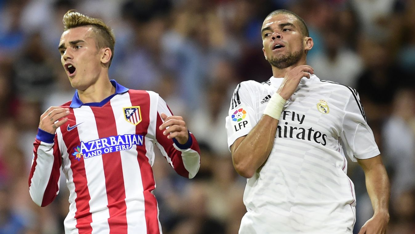 504076151 Atletico Madrid's French forward Antoine Griezmann (L) reacts next to Real Madrid's Portuguese defender Pepe during the Spanish league football match Real Madrid CF vs Club Atletico de Madrid at the Santiago Bernabeu stadium in Madrid on Septemb