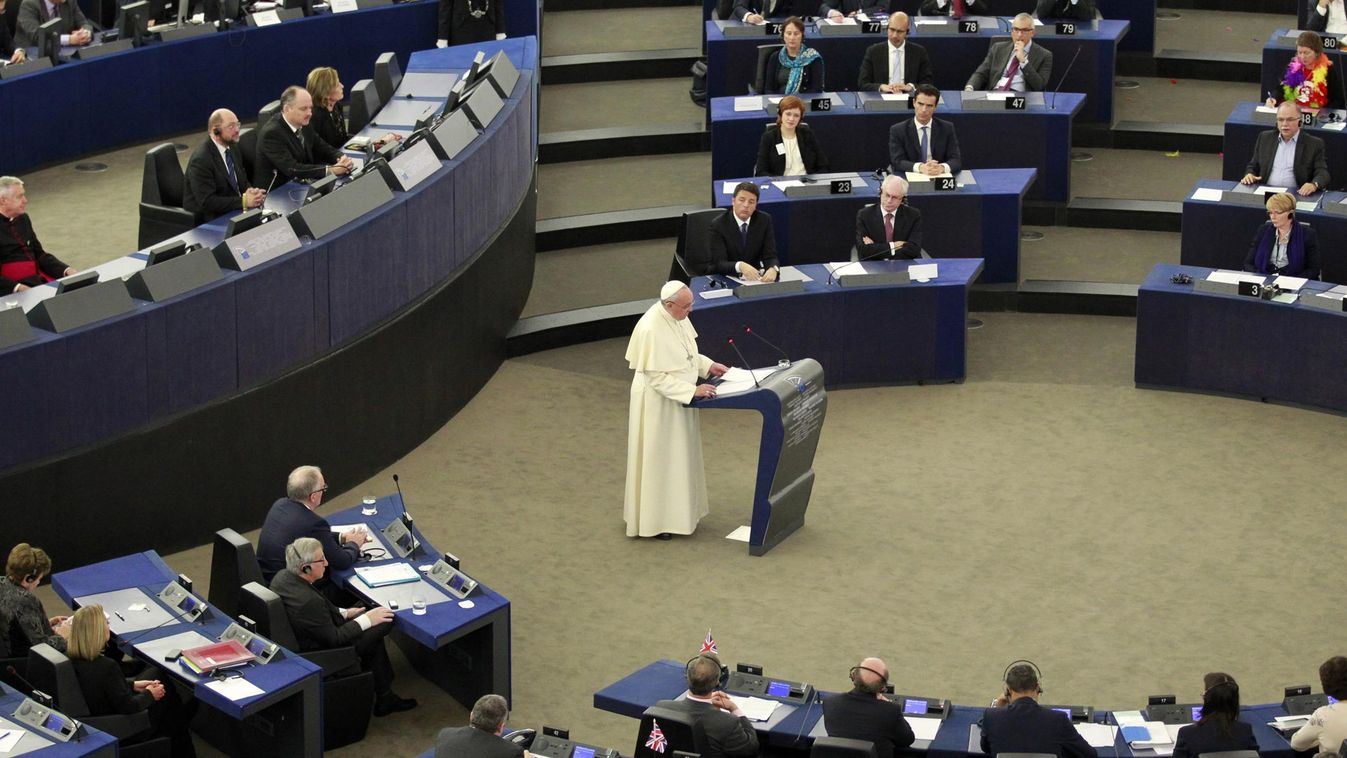 Pope Francis delivers his speech at the European Parliament in Strasbourg, eastern France, on November 25, 2014. Pope Francis has demanded Europe craft a unified and fair immigration policy, saying the thousands of refugees coming ashore need acceptance a