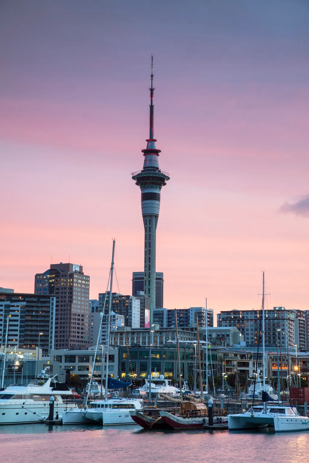 Viaduct Harbour and Sky Tower at sunset, Auckland, North Island, New Zealand, Pacific travel destination Photography Color Image day evening dusk sunsets places cities city lift 
