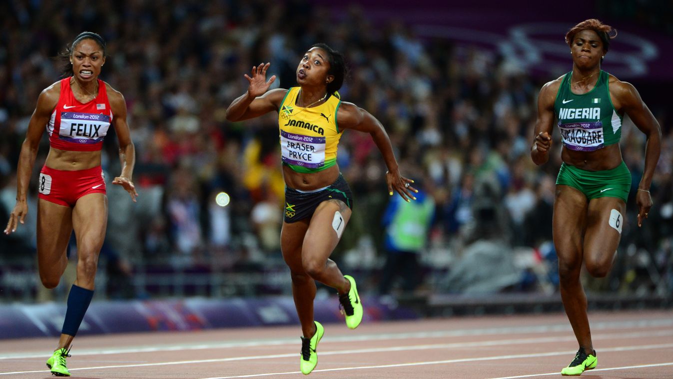 148073345 Blessing Okagbare Horizontal SUMMER OLYMPIC GAMES FOOT-RACE FINAL WOMAN 100 METERS FINISH LINE FULL LENGH ACTION FRONT VIEW 