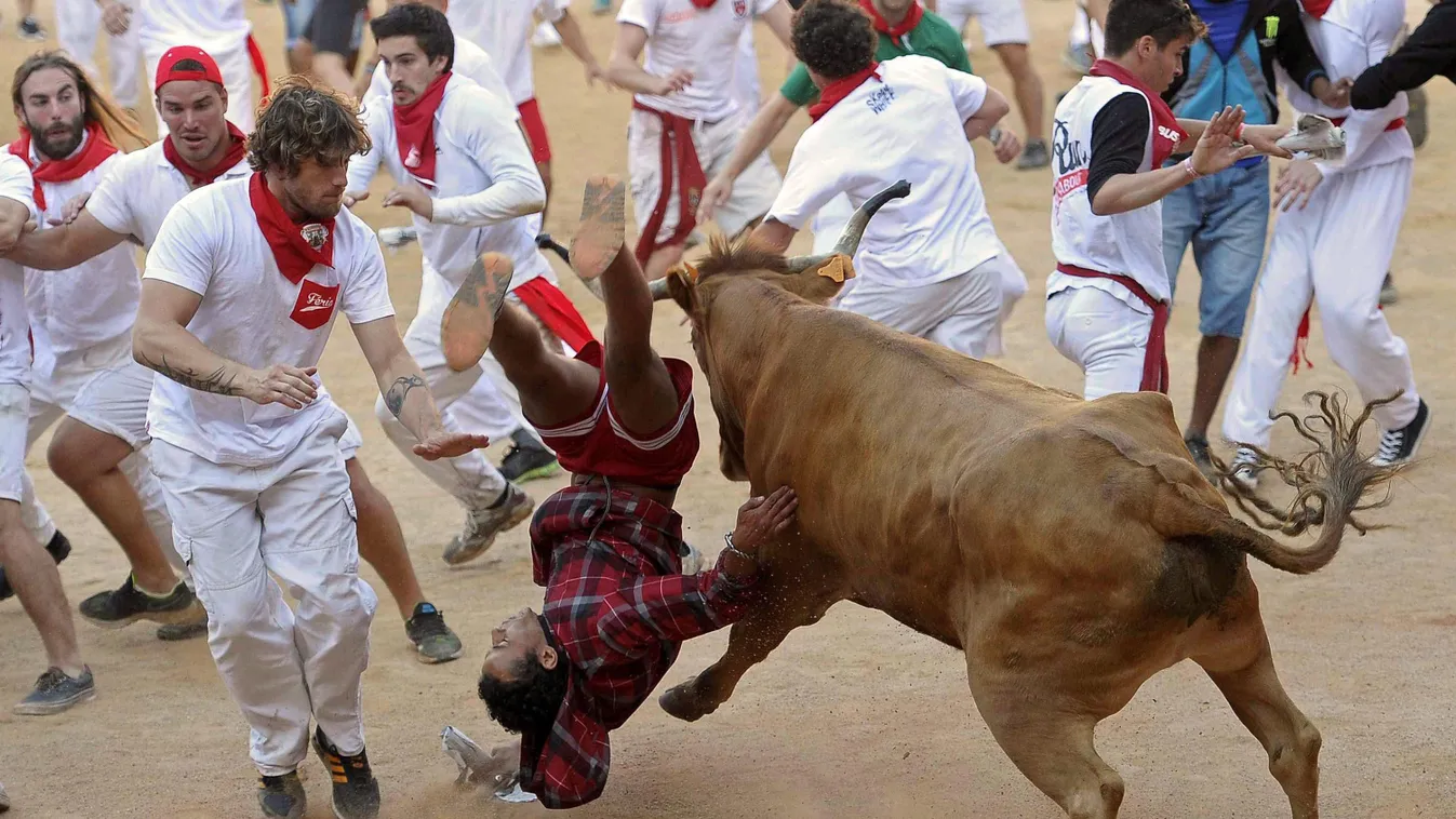 Egy bika fellök egy résztvevőt a San Fermín fesztivál bikafuttatásán Pamplonában. A spanyol város védőszentjének tiszteletére 1591 óta évente megrendezett kilencnapos fiesta egyik fő attrakciója a reggelenkénti bikafuttatás 