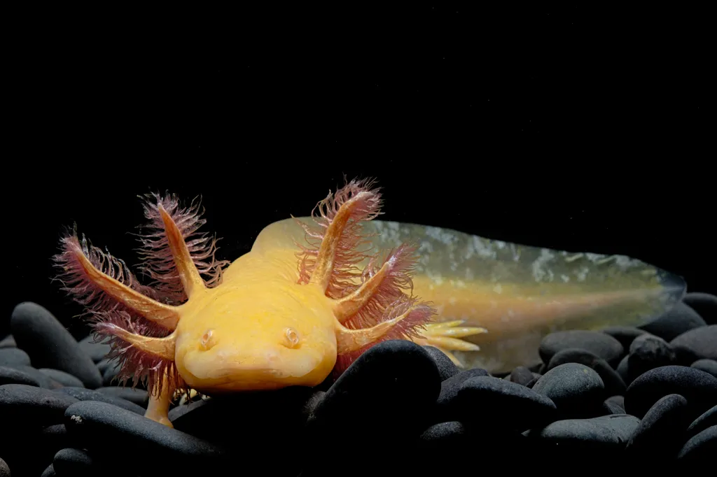 Axolotl (Ambystoma mexicanum) on black background Exotic pet Aquarist Freshwater aquarium Mexico (Country) Gill Pebble Front shot OVERVIEW Mutation Critically Endangered (IUCN) CR Ambystoma Axolotl (Ambystoma mexicanum) Neoteny CITES Appendix 2 Black back