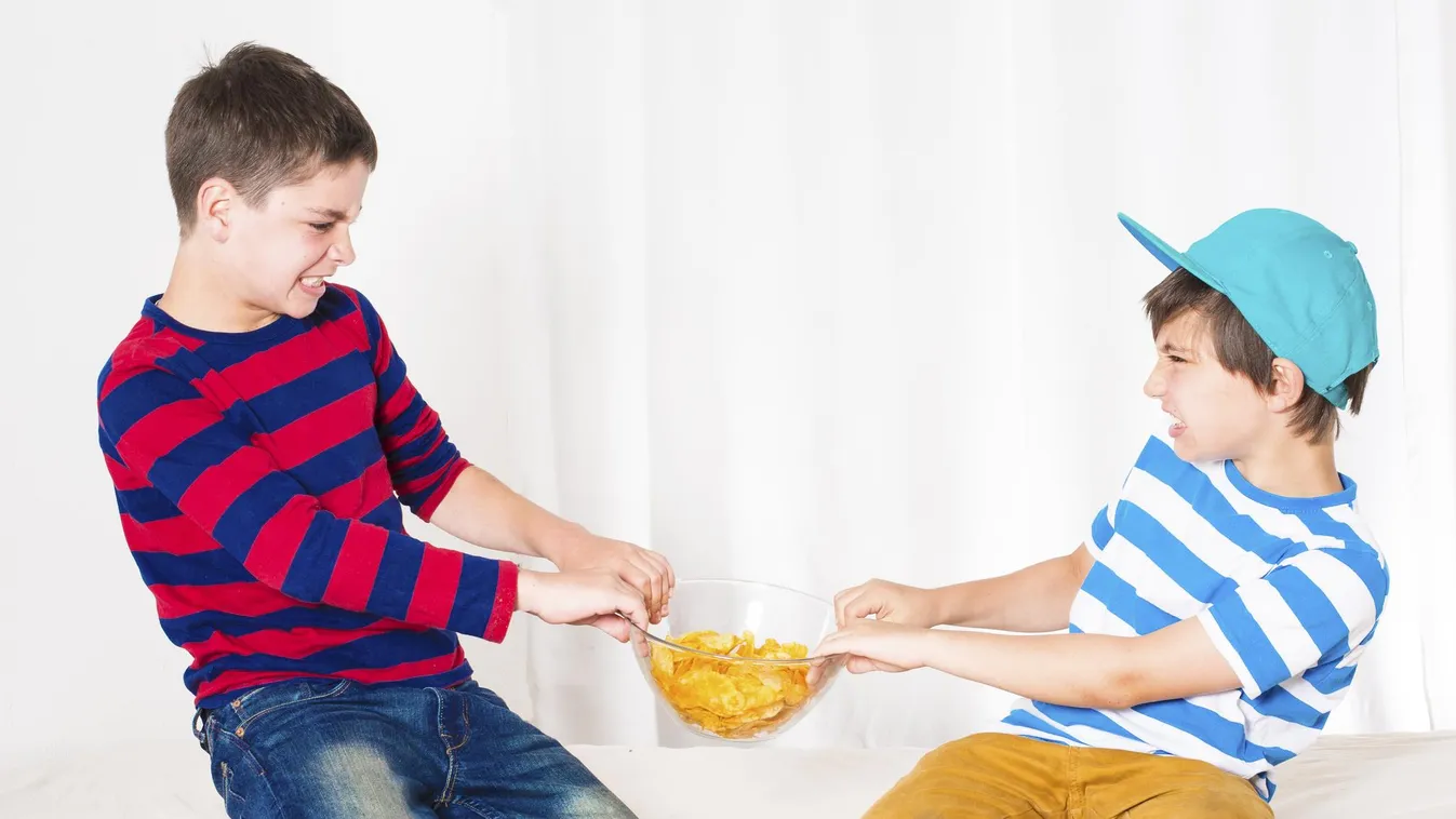 two boys fighting Aggression Anger Arguing Bed Bedroom Behavior Bowl Brother Bullying Caucasian Child Childhood Conflict Displeased Facial Expression Family Fighting Fist Furious Home Interior Little Boys People Playful Portrait Potato Chip Problems Rival