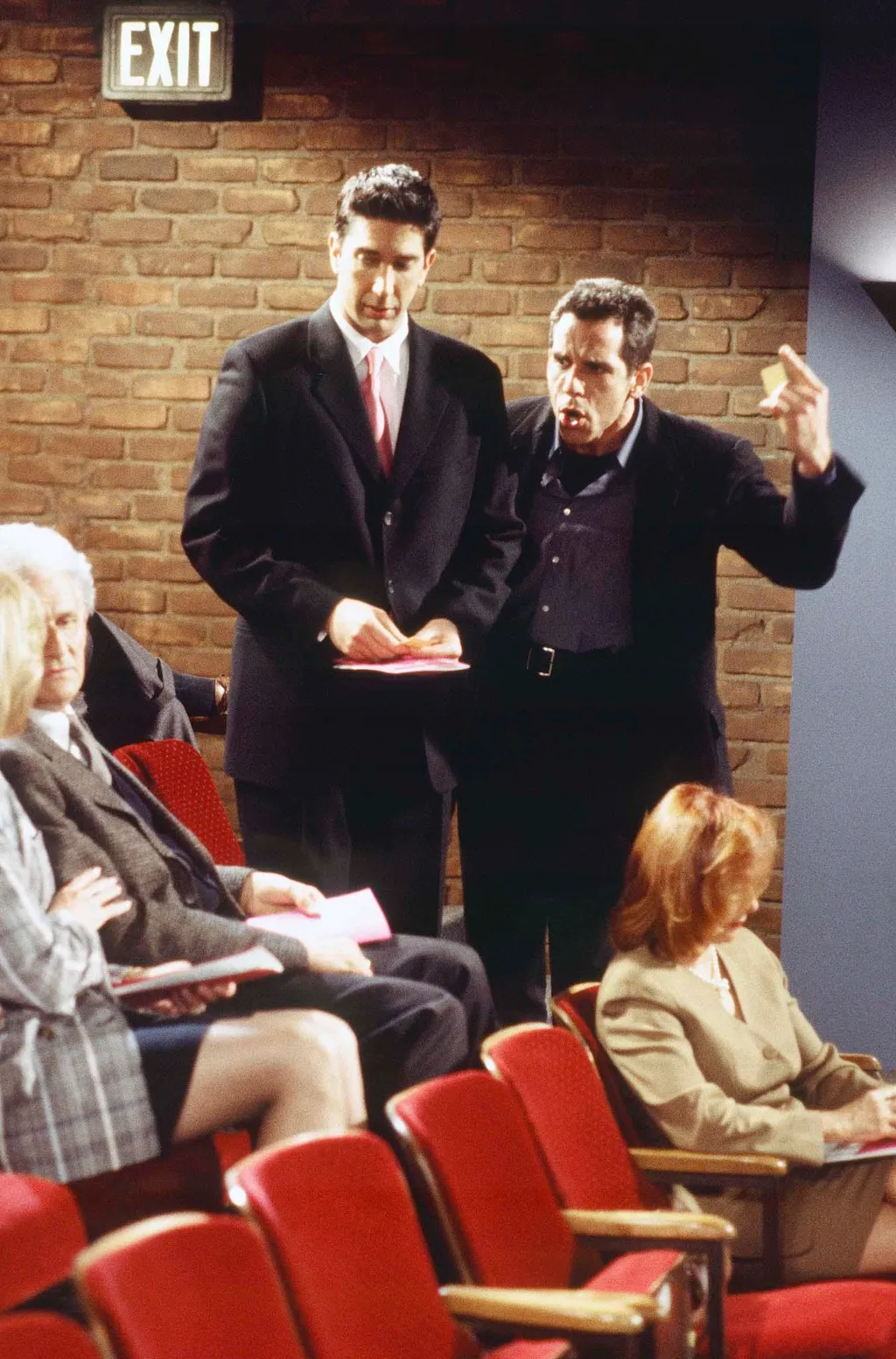Friends 1990s|1996-1997|Agitated|Air Date 04/24/1997|Angry|color|comedy|Double|episodic|Facial Expression|gesture|gesturing|Guest Star|indoor|NBCU Photo Bank|NUP_100061|red tie|Screaming|Season 3|Select|sitcom|Suit|Two People|Vertical|Yelling FRIENDS -- "