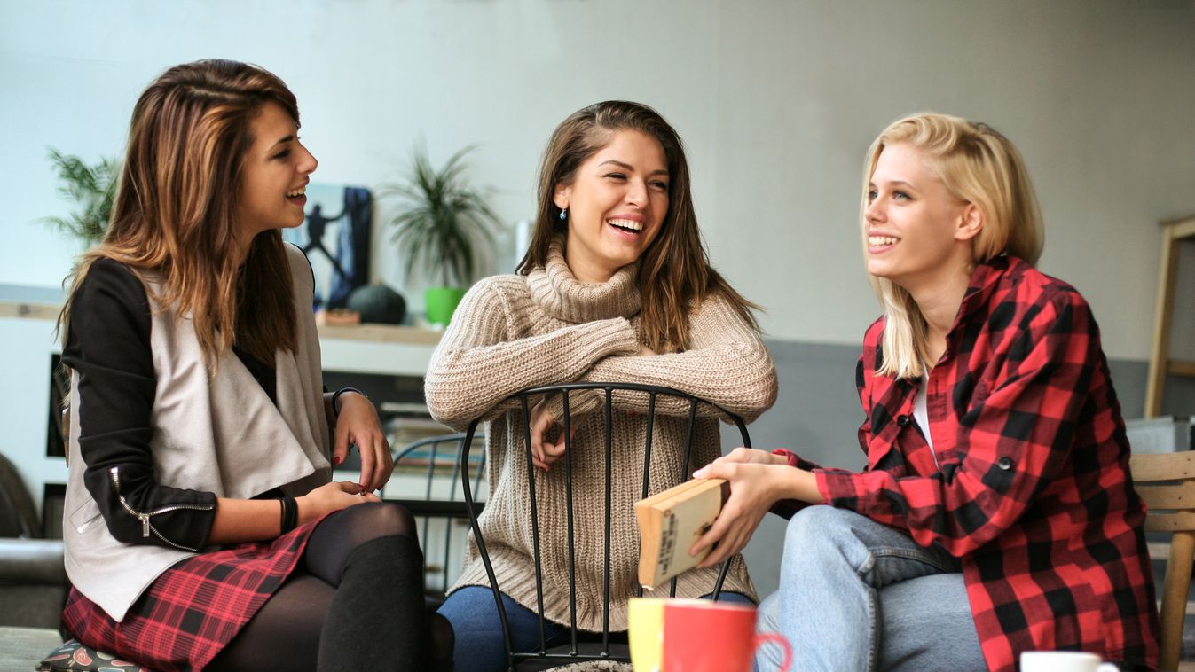 Three best friends. Retro Styled Coffee Cup Only Women Girls Women Females Small Group Of People Hand Sign Smiley Face Young Adult Adult Smiling Laughing Drinking Resting Gossip Fun Discussion Communication Relaxation Enjoyment Happiness Friendship Indoor