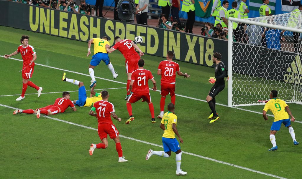 Russia World Cup Serbia - Brazil soccer football FIFA 5564081 27.06.2018 Brazil's Thiago Silva scores his team's second goal during the World Cup Group E soccer match between Serbia and Brazil at the Spartak stadium, in Moscow, Russia, June 27, 2018. Vita