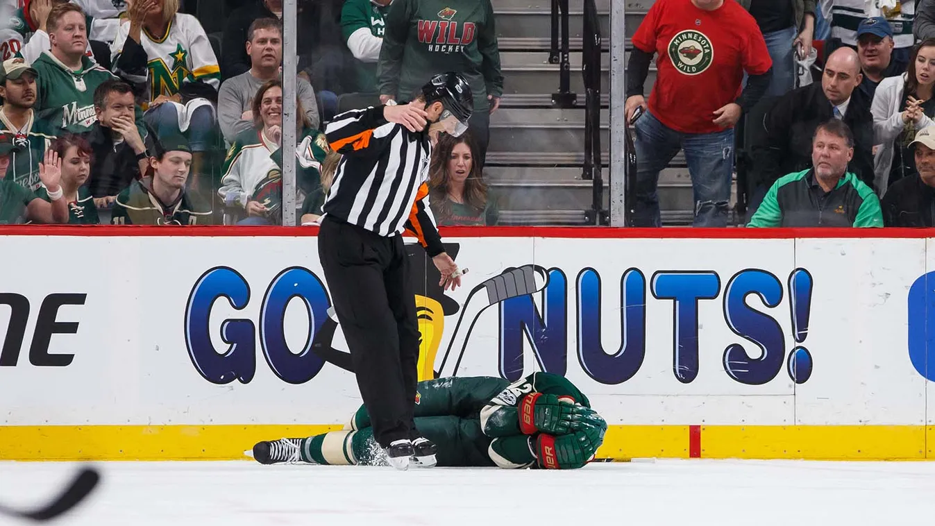 NHL: Stanley Cup Playoffs-St. Louis Blues at Minnesota Wild NPStrans Apr 22, 2017; Saint Paul, MN, USA; Minnesota Wild forward Eric Staal (12) lays on the ice after running into the boards in the second period against the St Louis Blues in game five of th